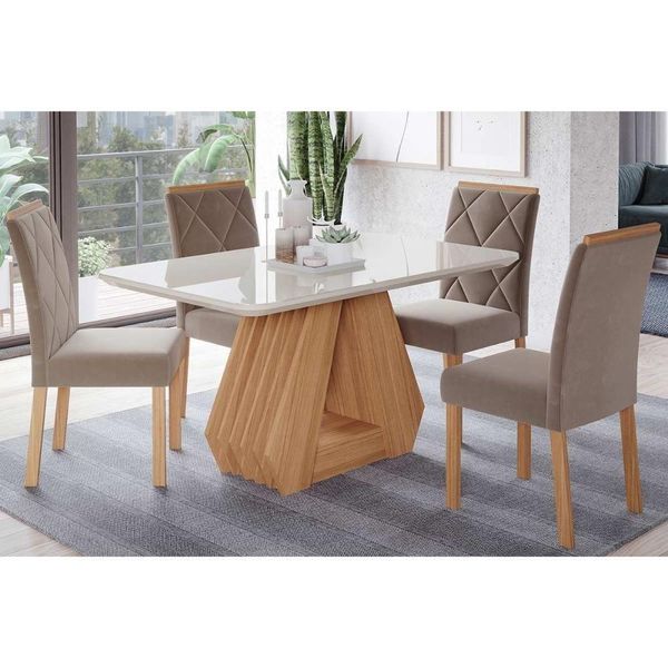 Sala De Jantar Completa ágata Tampo Madeirado C- Vidro 130x80cm E 4 Cadeiras Fernanda Madeirado-suede Joli Capuccino - Cimol