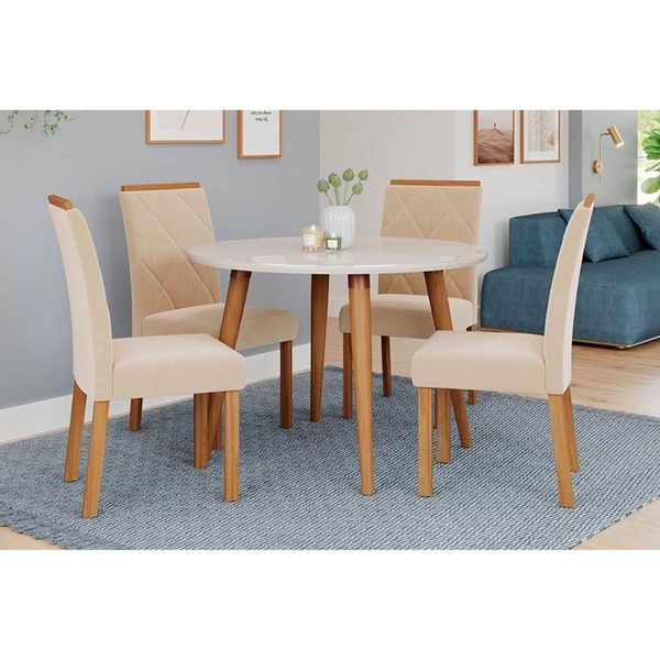 Sala De Jantar Completa Dani Tampo Madeirado C- Vidro 109cm E 4 Cadeiras Fernanda Madeirado-off White - Nature-madeirado-suede N - Cimol