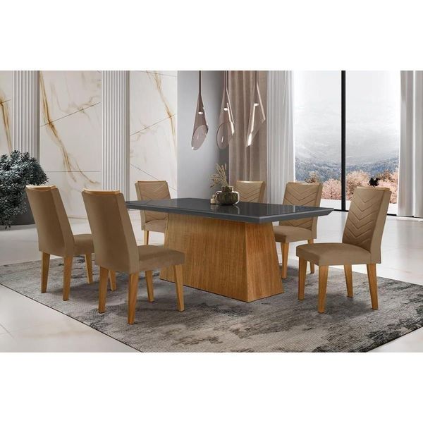 Sala De Jantar Completa Luna C- Tampo Vidro Canto Curvo 180x90cm E 6 Cadeiras Londrina Imbuia-grafite - Suede Capuccino - Rufato Sala De Jantar Completa Luna C- Tampo Vidro Canto Curvo 180x90cm E 6 Cadeiras Londrina Imbuia-grafite - Suede Capuccino - Rufato