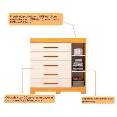 Cômoda De Quarto Rayane 1 Porta E 5 Gavetas C- Sapateira Cinamomo - Acp