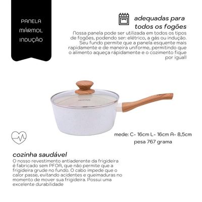 Panela Aluminio Cerâmica Antiaderente 16cm Mimo Style Marmol Cook Com Fundo Triplo Indução 1,3 Litros E Tampa De Vidro