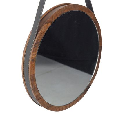 Espelho Redondo Decorativo Melk 65cm Com Tira de Couro Madeira Maciça Rustic Brown - Gran Belo