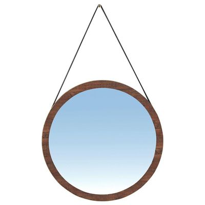 Espelho Redondo Decorativo Melk 65cm Com Tira de Couro Madeira Maciça Rustic Brown - Gran Belo