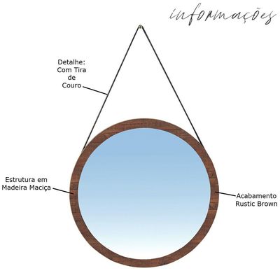 Espelho Redondo Decorativo Melk 65cm Com Tira de Couro Madeira Maciça Rustic Brown - Gran Belo