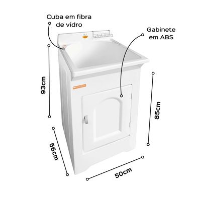 Tanque de Lavar Roupa 32L com Gabinete Branco 50x56x94cm Lavanderia Área de Serviço