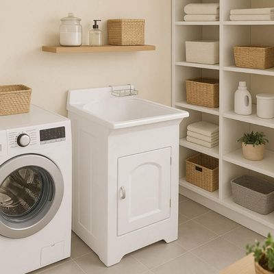 Tanque de Lavar Roupa 32L com Gabinete Branco 50x56x94cm Lavanderia Área de Serviço