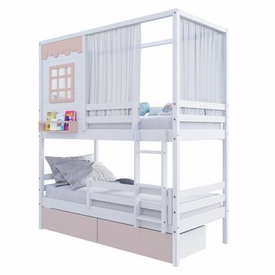 Beliche Casinha Reta 02 Gavetas Rosa Grade Removível E Cortina Madeira Maciça Branco/ Rosa Housin