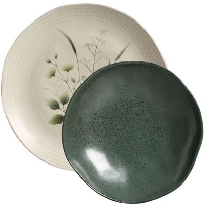 Kit Prato Raso 26,5cm e Fundo 21cm Ammi Arauco Cerâmica Porto Brasil Floral Verde 2pç