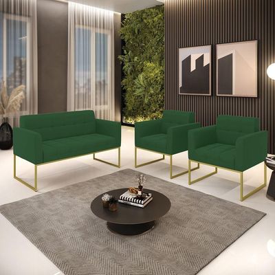 Kit 1 Sofá Namoradeira E 2 Poltronas Elisa Veludo Base Metálica Industrial Dourado - D'rossi Cor Verde