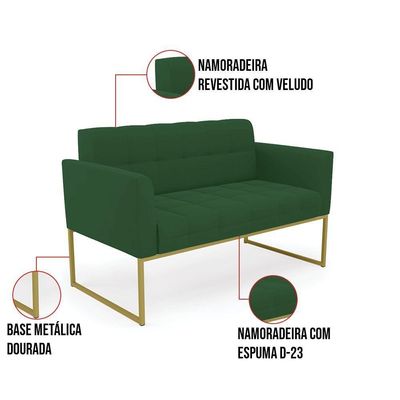 Kit 1 Sofá Namoradeira E 2 Poltronas Elisa Veludo Base Metálica Industrial Dourado - D'rossi Cor Verde