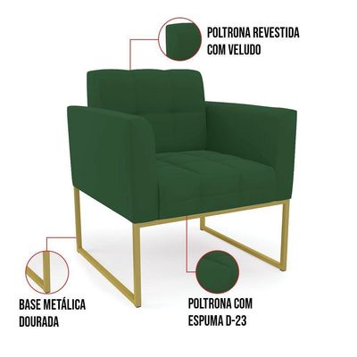Kit 1 Sofá Namoradeira E 2 Poltronas Elisa Veludo Base Metálica Industrial Dourado - D'rossi Cor Verde