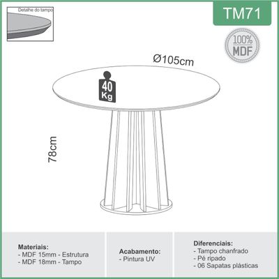 Mesa de Jantar Redonda em MDF 105 cm Freijó/Preto Fosco TM71 JPF Dalla Costa