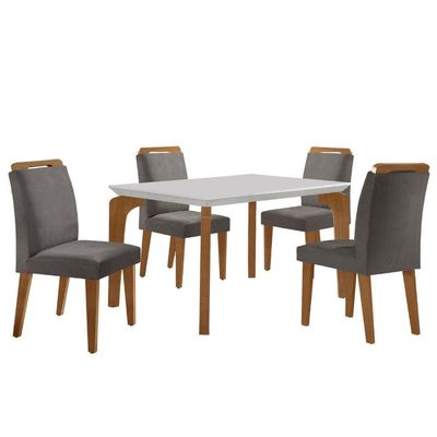 Conjunto Mesa Liz 120cm Com Vidro 4 Cadeiras Athenas Moderna Veludo Grafite Off White Imbuia