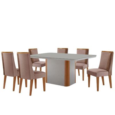 Mesa De Jantar Isadora 180cm Tampo Mdf Vidro Com 6 Cadeira Diane Linho Capuccino Off White Natural Serigueira