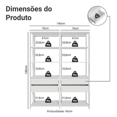 Estante Armário Multiuso Para Livros 4 Gavetas 8 Prateleiras 140cm Madesa Branco