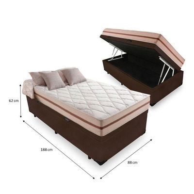 Cama Box Baú Solteiro Tecido Sintético Marrom Com Colchão Pillow Angel - Bello Box - Molas Ensacadas 62x88x188