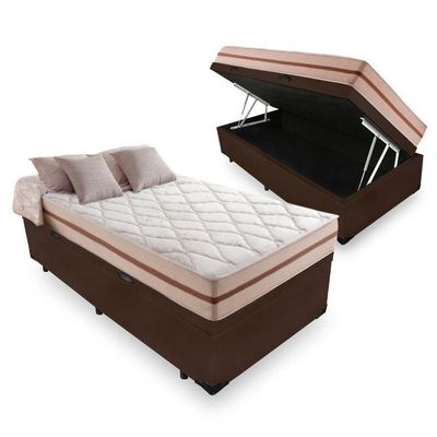 Cama Box Baú Solteiro Tecido Sintético Marrom Com Colchão Pillow Angel - Bello Box - Molas Ensacadas 62x88x188