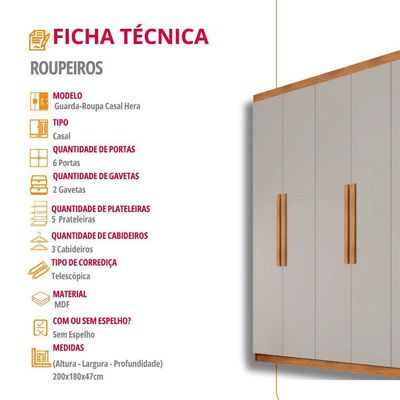 Guarda Roupa Casal Hera 6 Portas Rufato Naturalle Off White