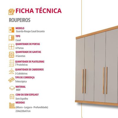 Guarda Roupa Casal Encanto 100% Mdf 6 Portas E 4 Gavetas Ruf Naturalle/off White