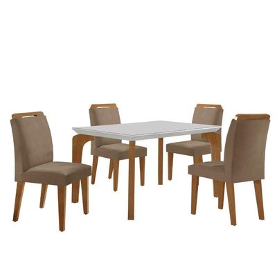 Conjunto Mesa Liz 120cm Com Vidro 4 Cadeiras Athenas Moderna Veludo Capuccino Off White Imbuia