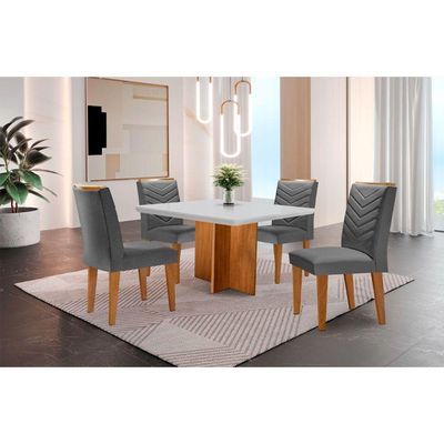 Conjunto Mesa Olímpia 90cm Tampo Mdf 4 Cadeiras Liz Moderna Linho Grafite Off White Imbuia