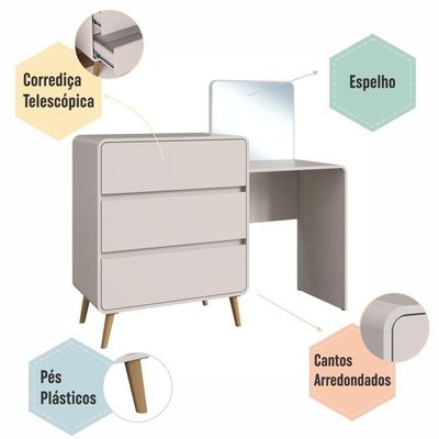 Cômoda Penteadeira Multifuncional Com Espelho E 3 Gavetas Grande Para Quarto Estilo Retrô Bege Dunas