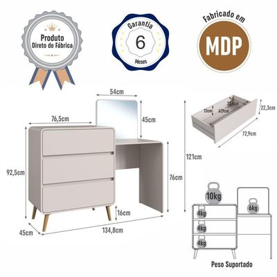 Cômoda Penteadeira Multifuncional Com Espelho E 3 Gavetas Grande Para Quarto Estilo Retrô Bege Dunas