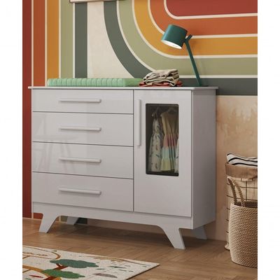 Cômoda 1 Porta 4 Gavetas Retrô - Moveis Peroba Branco Brilho
