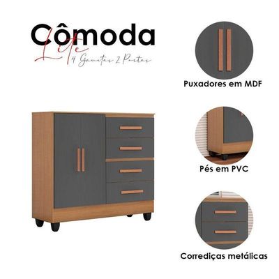 Cômoda Lite 4 Gavetas 2 Portas Nature Cinza – Móveis Leão