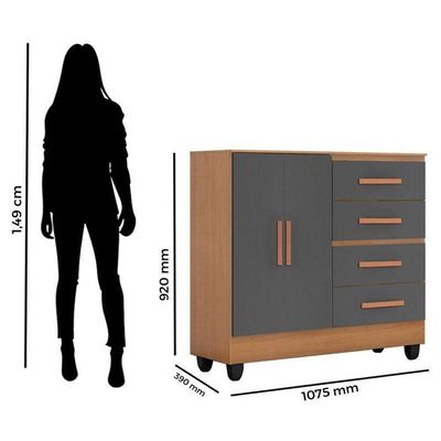 Cômoda Lite 4 Gavetas 2 Portas Nature Cinza – Móveis Leão