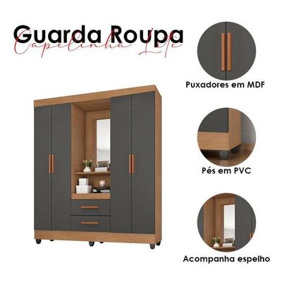 Guarda Roupa Casal Capela Ambiente Lite Nature Cinza – Móveis Leão