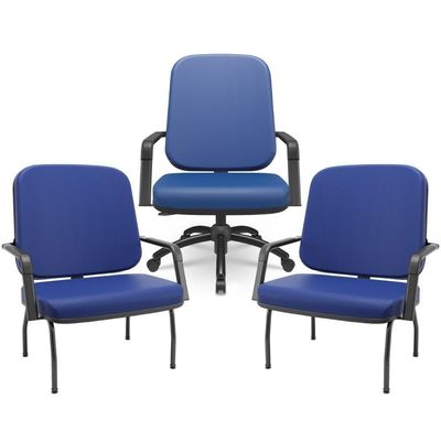 Kit Cadeira De Escritório Giratória E 2 Cadeiras Fixas Preta Magno P03 Vinil Azul - Lyam Decor