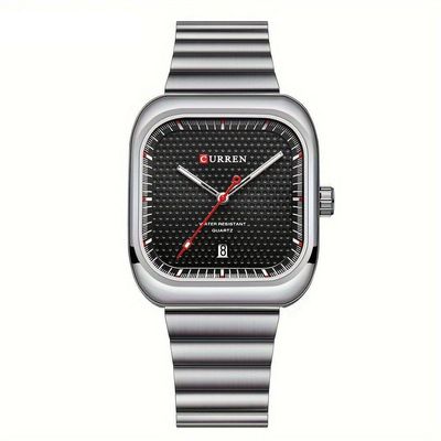 Relógio Casual Masculino De Quartzo Pulseira De Aço Inoxidável Quadrado Prata Preto