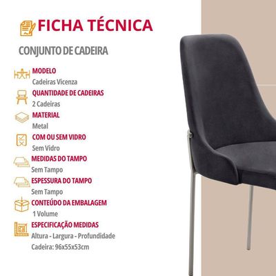Conjunto Com 2 Cadeiras Metal Vicenza Moderna Mobilia Linho Preto Prata