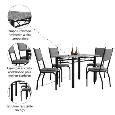 Conjunto Sala De Jantar Mesa Tampo Granito 1,20m Com 4 Cadeiras Diana Artefamol Preto/platina