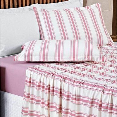 Jogo De Lençol King Marin Malha 100% Algodão Estampado 4 Peças Cor Rose Listra