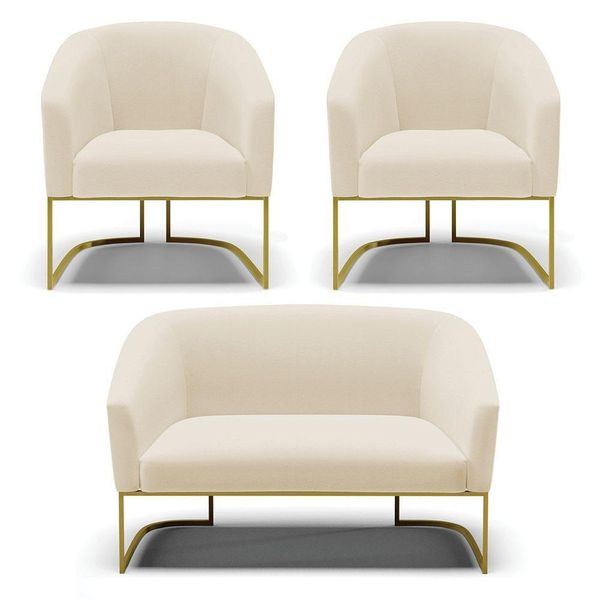 Namoradeira E 2 Poltronas Base Industrial Dourado Stella Linho Bege A19 D03 - D'rossi