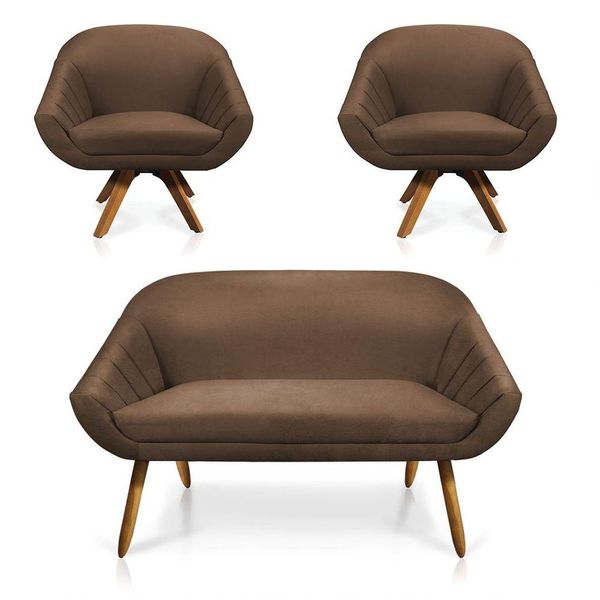 Kit 01 Namoradeira 02 Lugares 02 Poltronas Giratória Giovana Suede Base Madeira Mm30 D'rossi Marrom