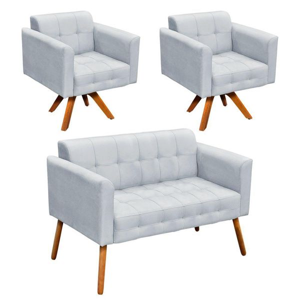 Kit 1 Namoradeira e 2 Poltronas Giratória Suede Base Madeira