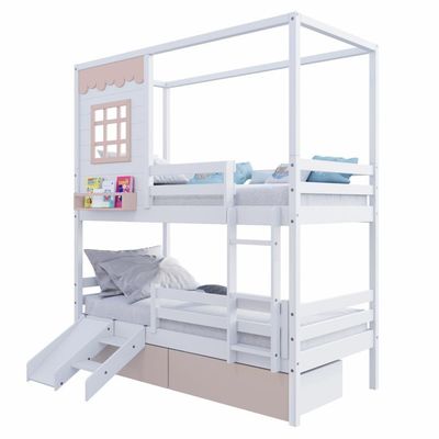 Beliche Casinha Reta 02 Gavetas Rosa Escorregador E Grade Removível Madeira Maciça Branco/ Rosa Housin