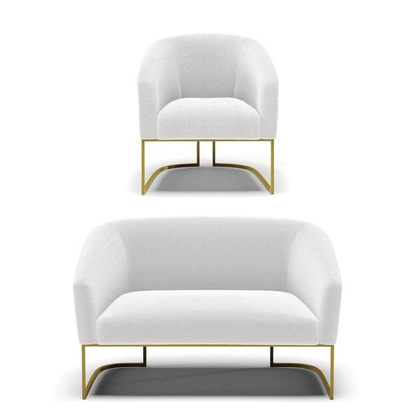 Sofá Namoradeira E Poltrona Base Industrial Dourado Stella Bouclê Off White D03 - D'rossi