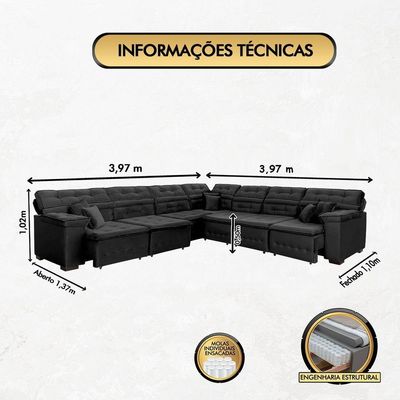 Sofá Magno 3.97x3.97m De Canto, Retrátil E Reclinável Preto