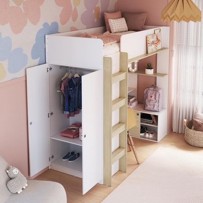 Cama Infantil Alta Multifuncional Office Solteiro Armário Escrivaninha Branca