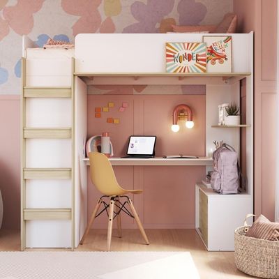 Cama Infantil Alta Multifuncional Office Solteiro Armário Escrivaninha Branca