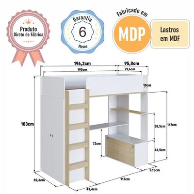 Cama Infantil Alta Multifuncional Office Solteiro Armário Escrivaninha Branca