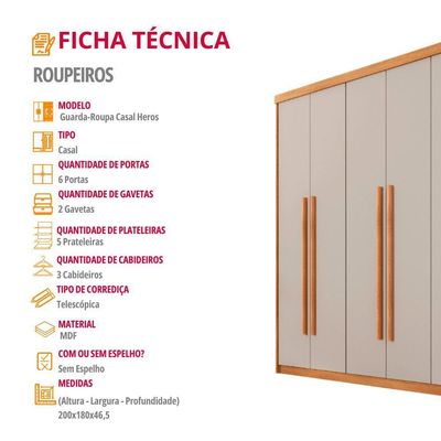 Guarda Roupa Casal Heros 6 Portas E 2 Gavetas Moderna Naturalle/off White