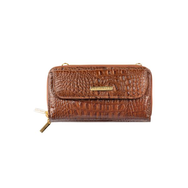 Carteira feminina de couro croco com alça Tania 10,5x19cm Bege Carteira feminina de couro croco com alça Tania 10,5x19cm Bege