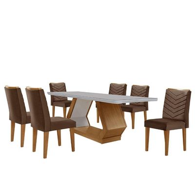 Mesa De Jantar Alvorada 180cm Com 6 Cadeiras Liz Moderna Veludo Marrom/off White/imbuia