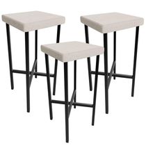Kit 03 Banquetas Alta Bar Cozinha Sala De Jantar Preto Stella L02 Linho Cru - Lyam Decor