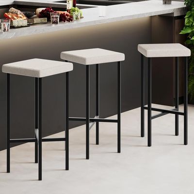 Kit 03 Banquetas Alta Bar Cozinha Sala De Jantar Preto Stella L02 Linho Cru - Lyam Decor